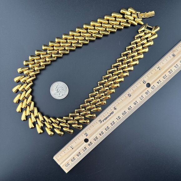 Napier Gold Plated Diagonal Link Triple Line Necklace Heavy Chunky Vintage 1980 - Picture 8 of 9